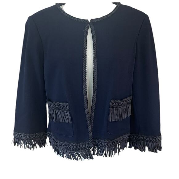 St. John Navy Wool Fringe 3/4 Sleeve Blazer (Sz 10) and Pant (Sz 12) Set - Picture 4 of 15